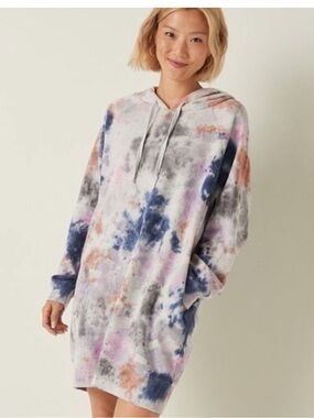 Pink Victorias Secret Tie Dye Colorful Hooded Sweatshirt Dress Size XL Pockets
